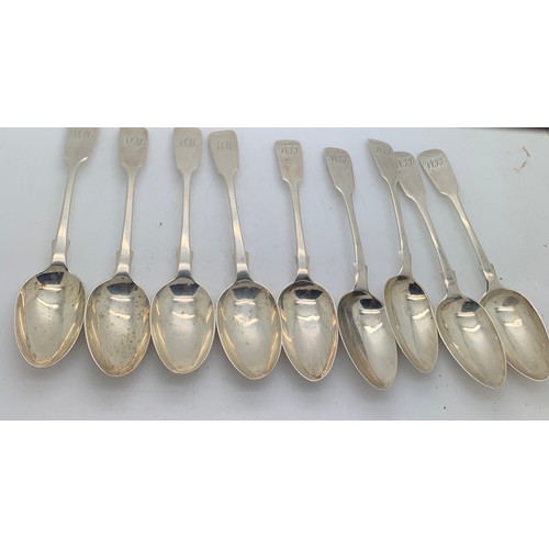 523 - Nine silver teaspoons. Four London 1871 maker Henry Holland and 5 London 1835 maker John Henry and C... 