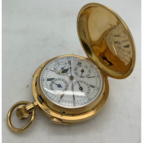 649 - An 18ct gold hunter chiming pocket watch with subsidiary dials, second, date, month, sun and moon wi...