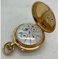 An 18ct gold hunter chiming pocket watch with subsidiary dials, second, date, month, sun and moon wi... 