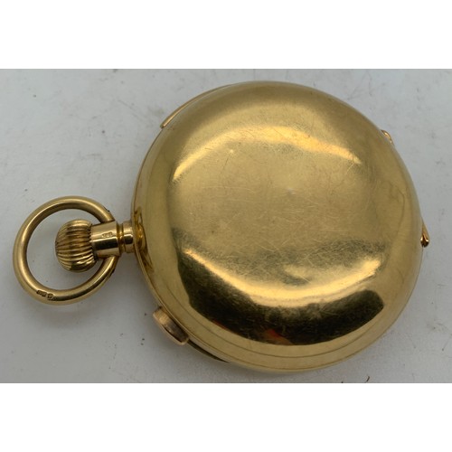 649 - An 18ct gold hunter chiming pocket watch with subsidiary dials, second, date, month, sun and moon wi... 