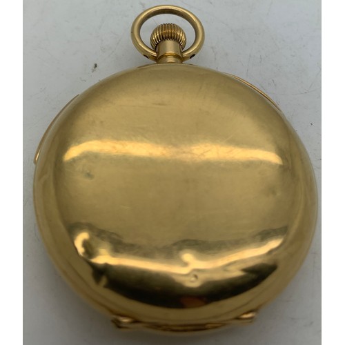 649 - An 18ct gold hunter chiming pocket watch with subsidiary dials, second, date, month, sun and moon wi... 
