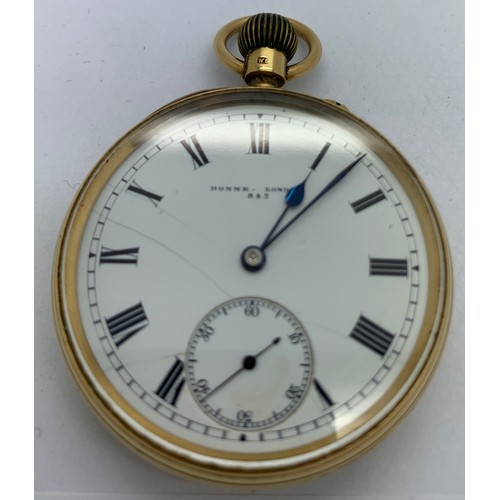 650 - An 18ct gold cased pocket watch, Donne London, No. 843, white enamelled dial, black Roman numerals a... 