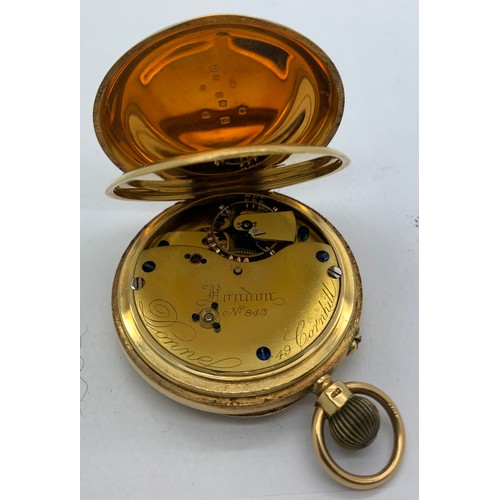 650 - An 18ct gold cased pocket watch, Donne London, No. 843, white enamelled dial, black Roman numerals a... 