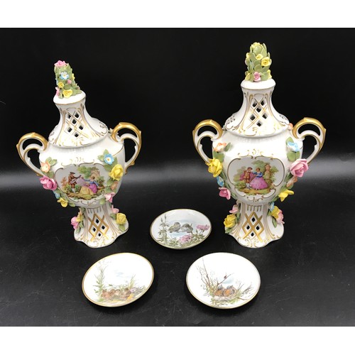 80 - Two Continental 20thC lidded vases 30cms h together with 3 pin trays marked A K Kaiser W.Germany 10c... 