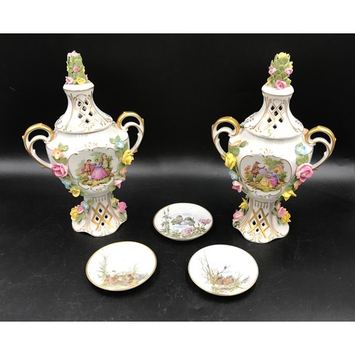 80 - Two Continental 20thC lidded vases 30cms h together with 3 pin trays marked A K Kaiser W.Germany 10c... 