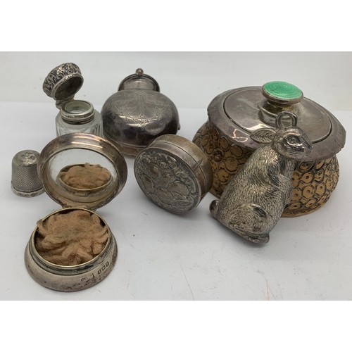 529 - Silver to include scent bottle case, Birmingham 1912, lidded pots, thimble etc, various dates and ma... 