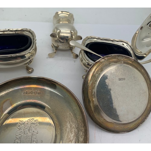 531 - Hallmarked silver cruet set with blue glass liners, Birmingham 1962, pin tray, Sheffield 1973 and or... 