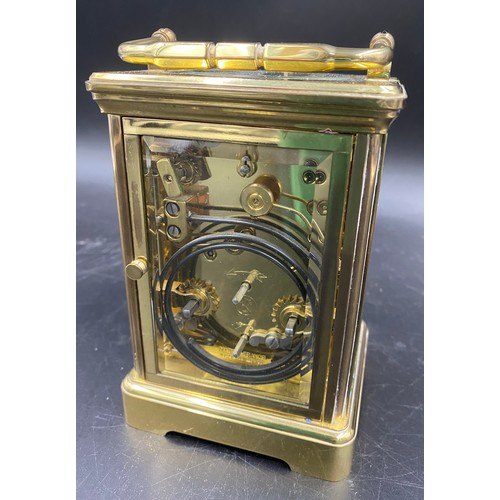 656 - A carriage clock with repeater movement and alarm with L'Epee Saint Suzanne France to face.  Stamped... 