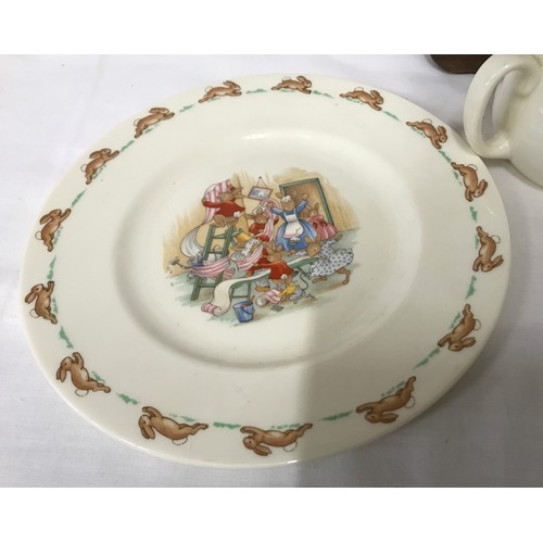 72 - Royal Doulton Bunnykins collection, two plates 20cms w, two twin handle mugs 7cms h, one beaker mug ... 