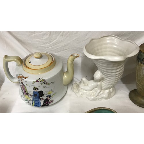 74 - Mixed pottery selection, Staffordshire flatback cottage 20cms h, Fenton teapot Japanese scene 13cms ... 