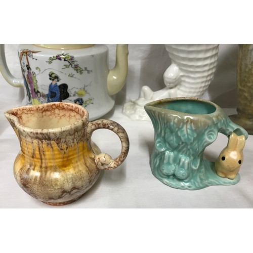 74 - Mixed pottery selection, Staffordshire flatback cottage 20cms h, Fenton teapot Japanese scene 13cms ... 