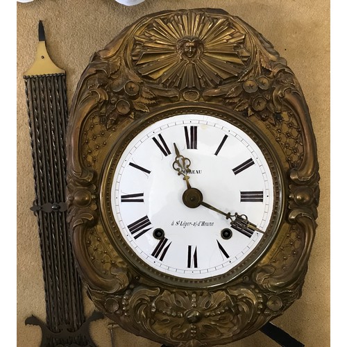 658 - Large French Comtoise decorative brass pendulum wall clock, Moreau, a St Leger-s/.-d'Heure, enamel f... 