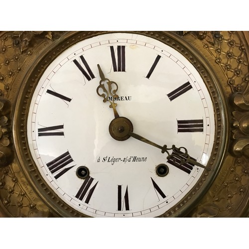 658 - Large French Comtoise decorative brass pendulum wall clock, Moreau, a St Leger-s/.-d'Heure, enamel f... 