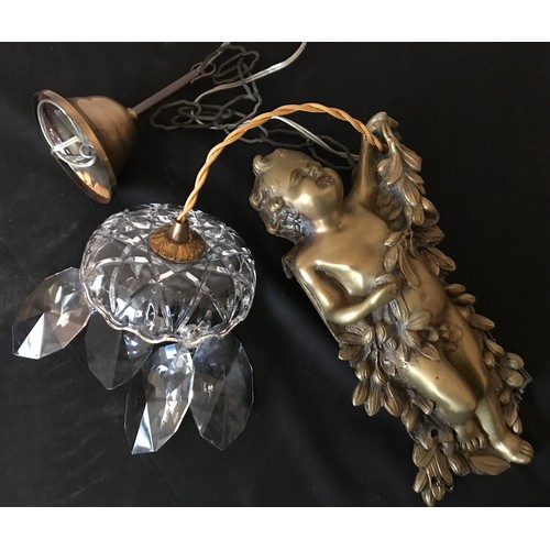 558 - Brass hanging ceiling light, cherub suspended on chain with glass droplet fittings, cherub approx 29... 