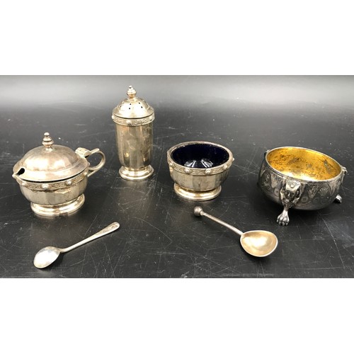 526 - Hallmarked silver condiment set Walker and Hall, Birmingham 1967 and a Elkington and Co silver plate... 