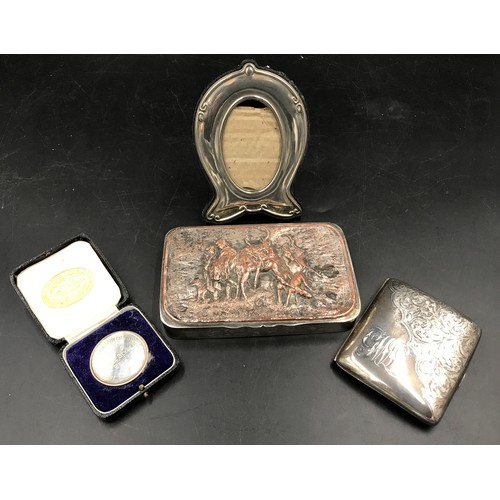 542 - A silver cigarette box Birmingham WHS 191 88gms, a silver swimming medal 25gms with case together wi... 