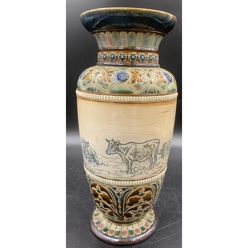 95 - A Doulton vase with sgrafitto design of cattle and horses by Hannah Barlow. 35cms h.