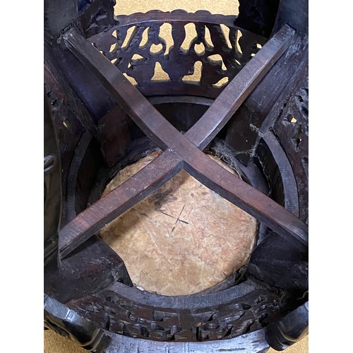 1219 - A Chinese carved hardwood stand with floral carving and marble inlay to the top. Width at feet 37cms... 