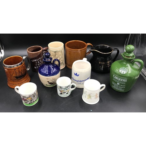 100 - Selection of mugs, one with frog inner, small mugs with print design Wade Teachers whisky jug and 2 ... 