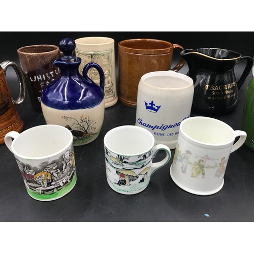 100 - Selection of mugs, one with frog inner, small mugs with print design Wade Teachers whisky jug and 2 ... 