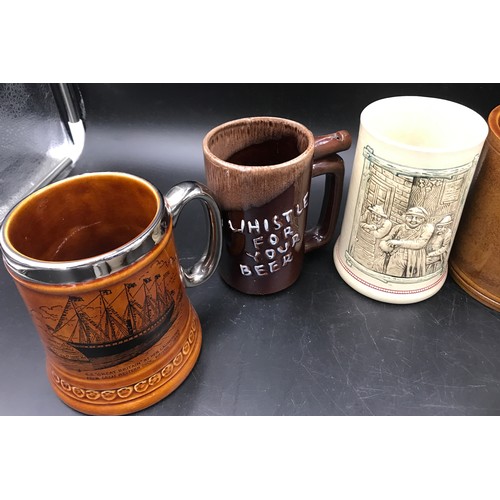 100 - Selection of mugs, one with frog inner, small mugs with print design Wade Teachers whisky jug and 2 ... 