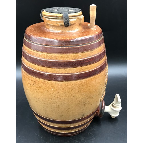 101 - Doulton Lambeth stoneware barrel, Brandy with pottery tap, approx 30cms h.