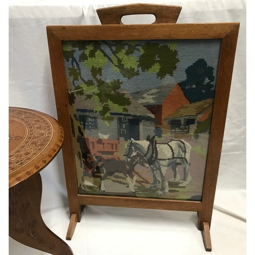 1215 - An Indian hardwood inlaid table with tripod folding base and circular top, 45cms h x 46cms w togethe... 