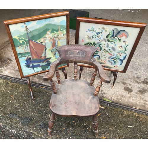 1258 - A child's beechwood armchair, carved ALAN to back with 2 tapestry wool folding fire screens/tables.