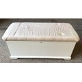 Painted pine blanket box, candle draw interior, later added cushion upholstered top. 110 w x 49 d x ... 
