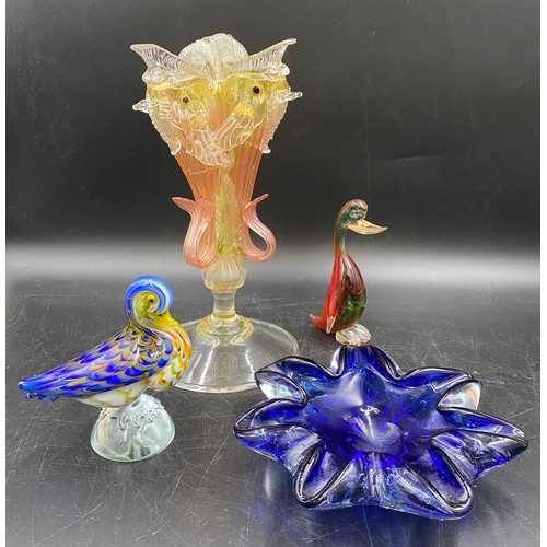 166 - Four glass items to include a 19thC tri-colour Venetian glass vase with fish a/f, 2 glass Murano sty... 