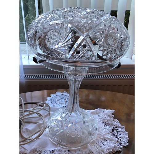 167 - Cut glass mushroom table lamp, 46cms h, shade approx, 32cms, twin light fittings.