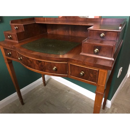 1268 - Reproduction walnut desk, shelf and drawers to top, green leather inlet, square taper legs, height t... 