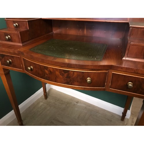 1268 - Reproduction walnut desk, shelf and drawers to top, green leather inlet, square taper legs, height t... 