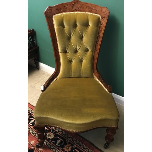 1271 - Mahogany framed upholstered, button back nursing chair, height to seat 40cms, height to back 95cms, ... 