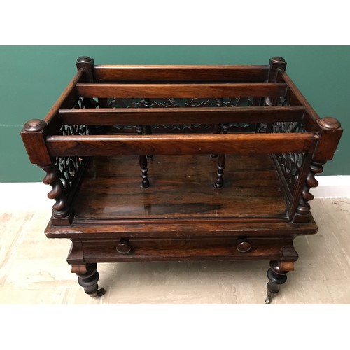 1272 - A 19thC Canterbury with draw, fretwork panels, barley twist corners, 53.5 w x 55 h x 39cms d.