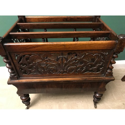 1272 - A 19thC Canterbury with draw, fretwork panels, barley twist corners, 53.5 w x 55 h x 39cms d.