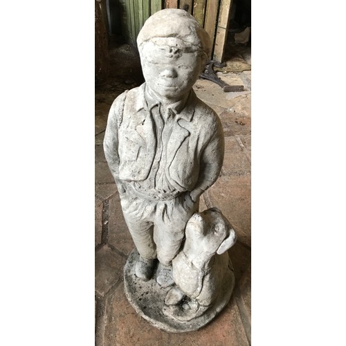 1325 - A concrete garden ornament of a boy and dog. Approx. 56cms h, circular base 26cms d.