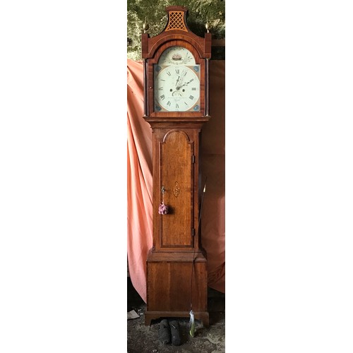 671 - An oak and mahogany cased grandfather clock with painted face Denton Northgraves Hull. Approx. 206cm... 