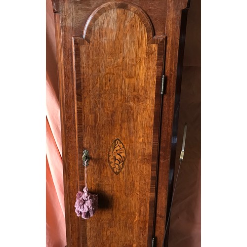 671 - An oak and mahogany cased grandfather clock with painted face Denton Northgraves Hull. Approx. 206cm... 