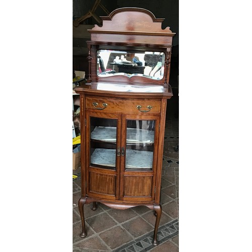 1240 - An Edwardian mahogany inlaid display cabinet, mirror top with shelf. Height to top 111cms, height to... 