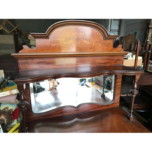 1240 - An Edwardian mahogany inlaid display cabinet, mirror top with shelf. Height to top 111cms, height to... 