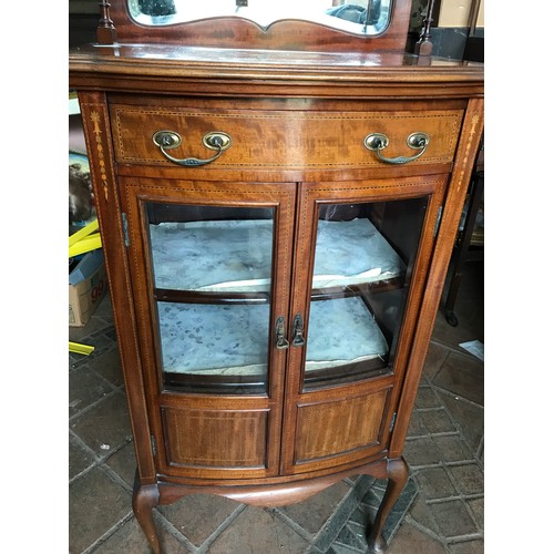 1240 - An Edwardian mahogany inlaid display cabinet, mirror top with shelf. Height to top 111cms, height to... 