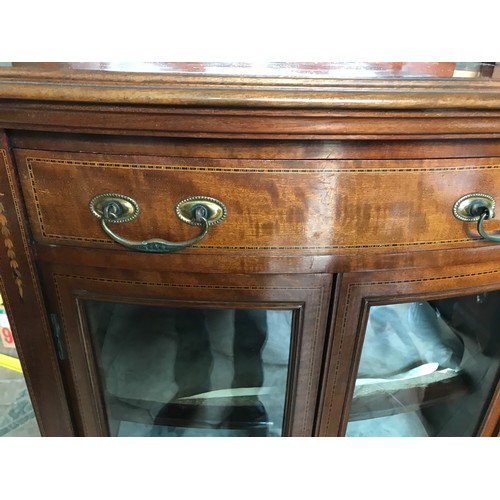 1240 - An Edwardian mahogany inlaid display cabinet, mirror top with shelf. Height to top 111cms, height to... 