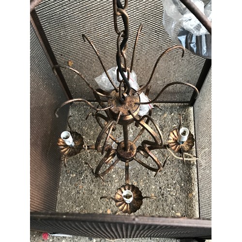 547 - Large wrought metal mesh caged ceiling light fitting, 4 branch light. Cage size approx 62 h x 46cms ... 