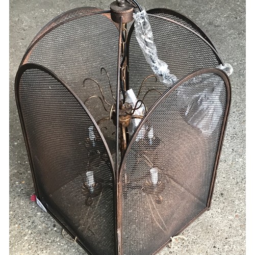 547 - Large wrought metal mesh caged ceiling light fitting, 4 branch light. Cage size approx 62 h x 46cms ... 