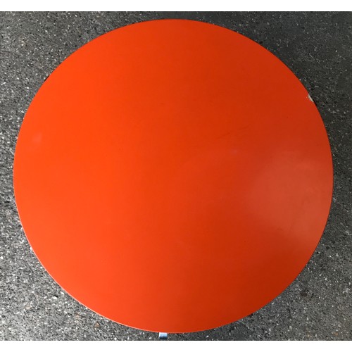 1241 - Mid century polished steel based circular side table, orange laminated top, tripod base. 60 w  x 72c... 