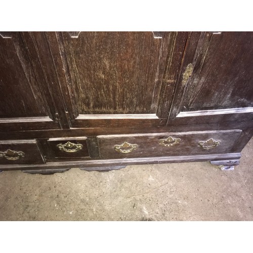 1245 - Early 19thC oak dresser base, 4 cupboard doors, 2 long drawers with small middle draw. 172 w x 56 d ... 