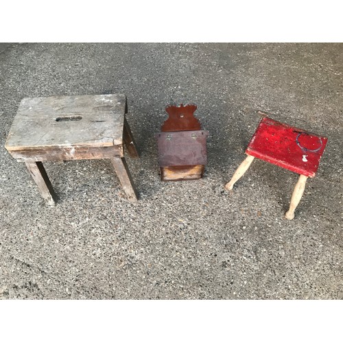 1246 - Oak wall mounted candle box, and 2 pine stools, 43cms h and painted stool, 31cms h.