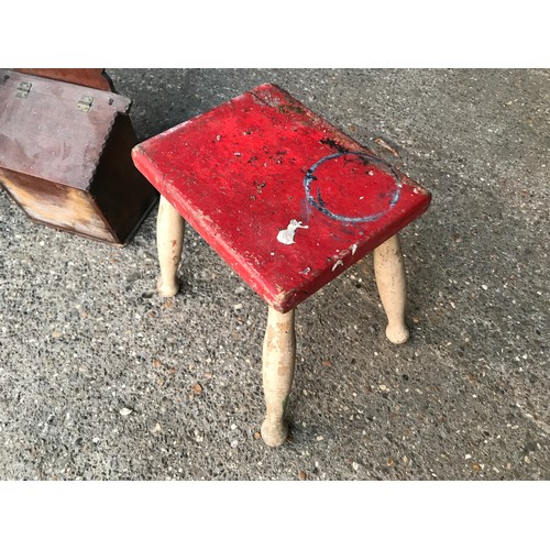 1246 - Oak wall mounted candle box, and 2 pine stools, 43cms h and painted stool, 31cms h.