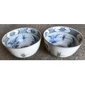 A pair of blue and white pottery bowls with dragonfly and foliage decoration. 26cm w x 15.5cms h.